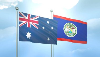 Avustralya 'nın 3D Bayrağı ve Güneş Işığıyla Mavi Gökyüzünde Belize