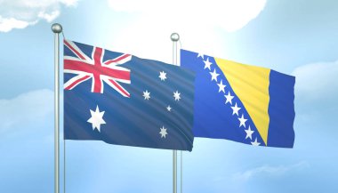Avustralya ve Bosna 'nın 3D Bayrağı Güneş Işığıyla Mavi Gökyüzünde