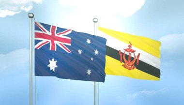 Avustralya 'nın 3D Bayrağı ve Mavi Gök' te Güneş Işığıyla Brunei