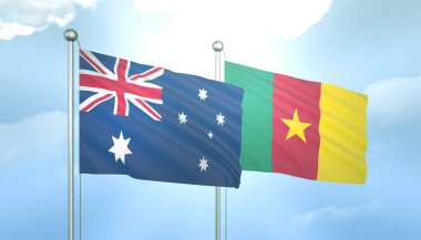 Avustralya 'nın 3D Bayrağı ve Mavi Gökyüzünde Güneş Işığıyla Kamerun