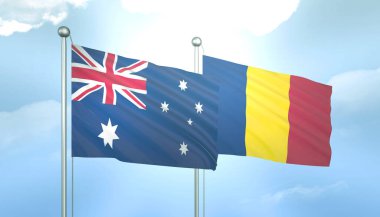 Avustralya 'nın 3D Bayrağı ve Mavi Gökyüzünde Güneş Işığı ile Çad