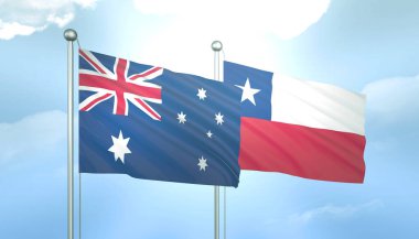 Avustralya ve Şili 'nin 3D Bayrağı Mavi Gökyüzünde Güneş Işığıyla