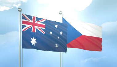 Avustralya ve Çek Cumhuriyeti 'nin 3D Bayrağı Mavi Gökyüzünde Güneş Işığıyla