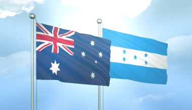 Avustralya ve Honduras 'ın 3D Bayrağı Mavi Gökyüzünde Güneş Işığıyla