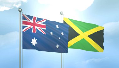Avustralya ve Jamaika 'nın 3D Bayrağı Mavi Gökte Güneş Işığıyla