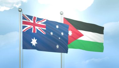 Avustralya ve Ürdün 'ün 3D Bayrağı Mavi Gökte Güneş Işığıyla