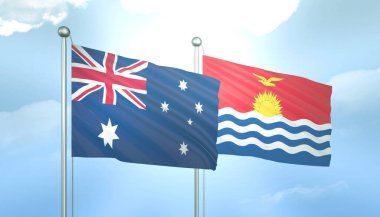 Avustralya 'nın 3D Bayrağı ve Kiribati Mavi Gökyüzünde Güneş Işığıyla