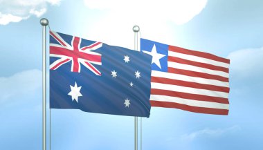 Avustralya ve Liberya 'nın 3D Bayrağı Mavi Gökyüzünde Güneş Işığıyla