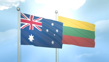 Avustralya ve Litvanya 'nın 3D Bayrağı Mavi Gökte Güneş Işığıyla