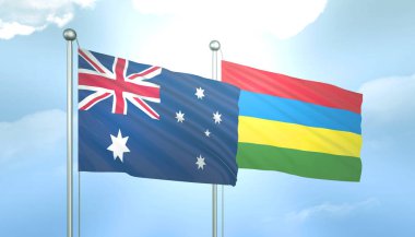 Avustralya 'nın 3D Bayrağı ve Mavi Gök' te Güneş Işığıyla Mauritius