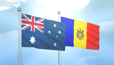 Avustralya ve Moldova 'nın 3D Bayrağı Mavi Gökyüzünde Güneş Işığıyla