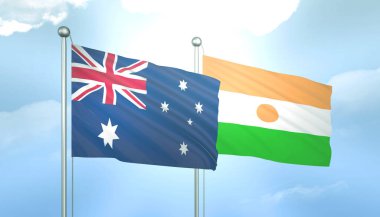 Avustralya ve Nijerya 'nın 3D Bayrağı Mavi Gökyüzünde Güneş Işığıyla