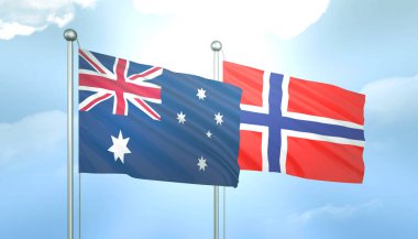Avustralya ve Norveç 'in 3D Bayrağı Mavi Gökyüzünde Güneş Işığıyla