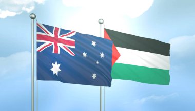 Avustralya ve Filistin 'in 3D Bayrağı Mavi Gökte Güneş Işığıyla