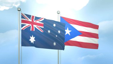 Avustralya ve Porto Riko 'nun 3D Bayrağı Mavi Gökyüzünde Güneş Işığıyla