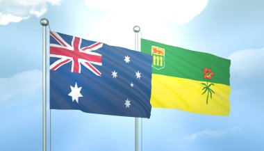 Avustralya 'nın 3D Bayrağı ve Mavi Gökyüzünde Saskatchewan Güneş Işığıyla