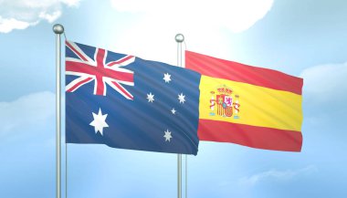 Avustralya ve İspanya 'nın 3D Bayrağı Mavi Gökte Güneş Işığıyla
