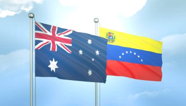 Avustralya ve Venezuela 'nın 3D Bayrağı Mavi Gökyüzünde Güneş Işığıyla