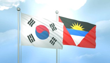 3D Flag of South Korea and Antigua Barbuda on Blue Sky with Sun Shine clipart