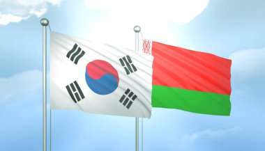 Güney Kore ve Beyaz Rusya 'nın 3D Bayrağı Mavi Gökyüzünde Güneş Işığıyla