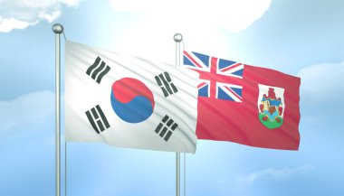 Güney Kore 'nin 3D Bayrağı ve Bermuda Mavi Gökyüzünde Güneş Işığıyla