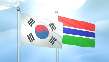 Güney Kore ve Gambiya 'nın 3D Bayrağı Mavi Gökyüzünde Güneş Işığıyla