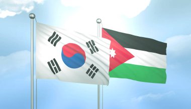 Güney Kore 'nin 3D Bayrağı ve Ürdün Mavi Gökyüzünde Güneş Işığıyla