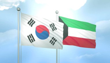 Güney Kore 'nin 3D Bayrağı ve Mavi Gökte Güneş Işığıyla Kuveyt