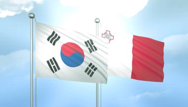 Güney Kore ve Malta 'nın 3D Bayrağı Mavi Gök' te Güneş Işığıyla