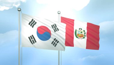 Güney Kore 'nin 3D Bayrağı ve Peru Mavi Gökyüzünde Güneş Işığıyla