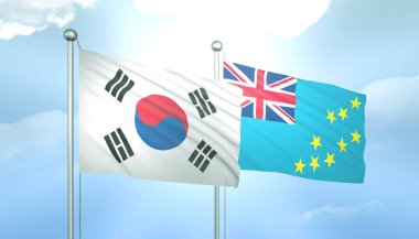 Güney Kore ve Tuvalu 'nun 3D Bayrağı Mavi Gökyüzünde Güneş Işığıyla