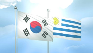 Güney Kore 'nin 3D Bayrağı ve Mavi Gök' te Güneş Işığıyla Uruguay