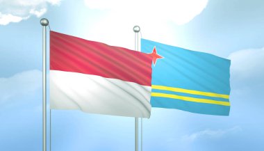 Endonezya 'nın 3D Bayrağı ve Mavi Gökyüzünde Güneş Işığıyla Aruba