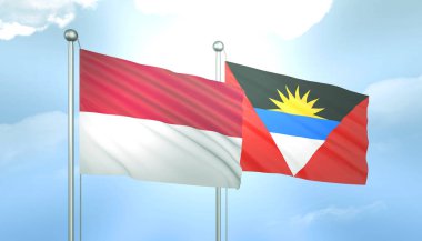 3D Endonezya Bayrağı ve Antigua Barbuda Mavi Gök 'te Güneş Işığıyla