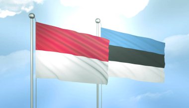 Endonezya 'nın 3D Bayrağı ve Estonya Mavi Gökyüzünde Güneş Işığıyla