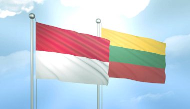 Endonezya ve Litvanya 'nın 3D Bayrağı Mavi Gök' te Güneş Işığıyla