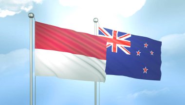 Endonezya 'nın 3D Bayrağı ve Yeni Zelanda Mavi Gök' te Güneş Işığıyla