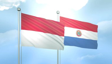 Endonezya 'nın 3D Bayrağı ve Paraguay Mavi Gökyüzünde Güneş Işığıyla