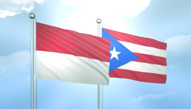 3D Endonezya Bayrağı ve Puerto Rico Mavi Gök 'te Güneş Işığıyla