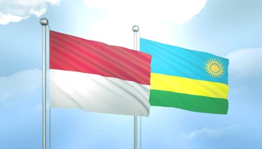 Endonezya 'nın 3D Bayrağı ve Mavi Gökyüzünde Ruanda Güneş Işığıyla