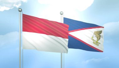 3D Endonezya Bayrağı ve Samao Mavi Gökte Güneş Işığıyla