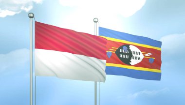 Endonezya ve Svaziland 'ın 3D Bayrağı Mavi Gökyüzünde Güneş Işığıyla