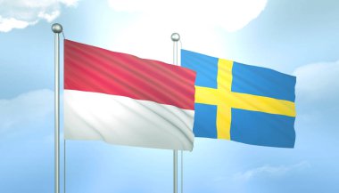 Endonezya 'nın 3D Bayrağı ve İsveç Mavi Gökyüzünde Güneş Işığıyla