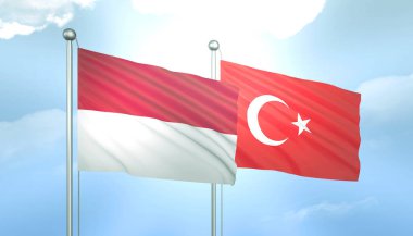 Endonezya 'nın 3D Bayrağı ve Türkiye Mavi Gökyüzünde Güneş Işığıyla