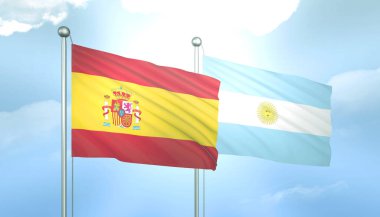 İspanya ve Arjantin 'in 3D Bayrağı Mavi Gökte Güneş Işığıyla