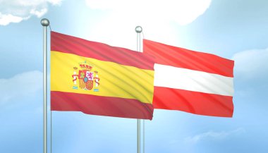 İspanya ve Avusturya 'nın 3D Bayrağı Mavi Gökte Güneş Işığıyla
