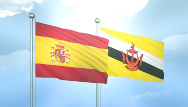 İspanya 'nın 3D Bayrağı ve Brunei Mavi Gökyüzünde Güneş Işığıyla
