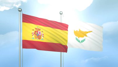 İspanya ve Kıbrıs 'ın 3D Bayrağı Mavi Gökyüzünde Güneş Işığıyla