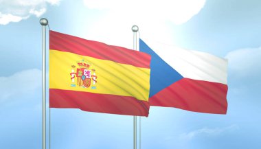 İspanya ve Çek Cumhuriyeti Mavi Gökyüzünde Güneş Işığıyla 3D Bayrağı