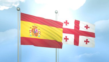 İspanya ve Gürcistan 'ın 3D Bayrağı Mavi Gökte Güneş Işığıyla